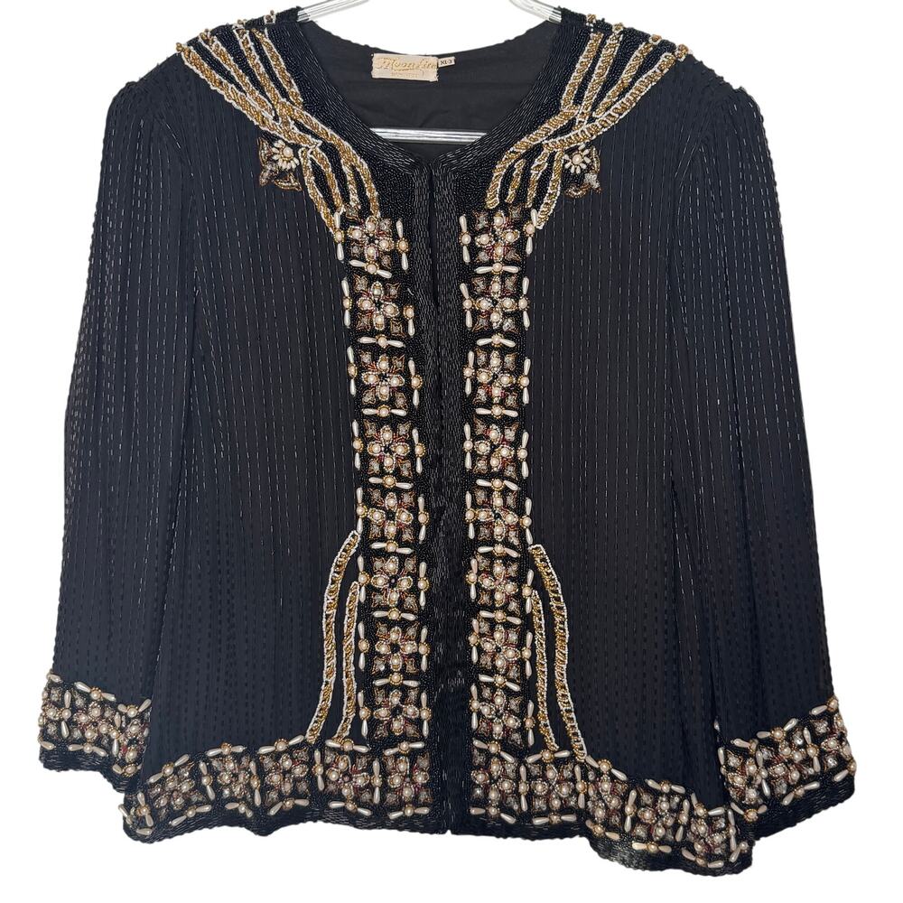 1980s Moonlite New York Beaded Silk Evening Jacket NWT Black Gold Pearl XL